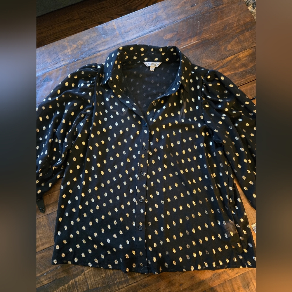 NWT Nanette Lepore Black & Gold Polka Dot Blouse Size S